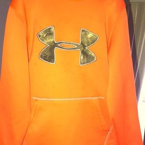 UA youth med hooded sweatshirt orange and camo